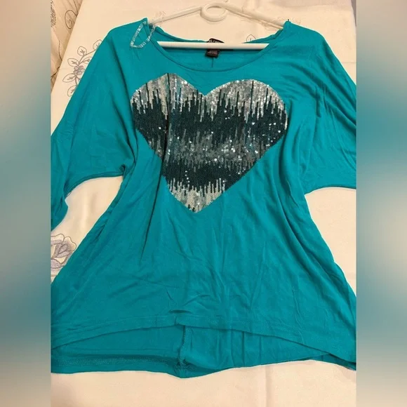 Miss Chievous Teal Sequin Heart Long Sleeve Top - Picture 6 of 6